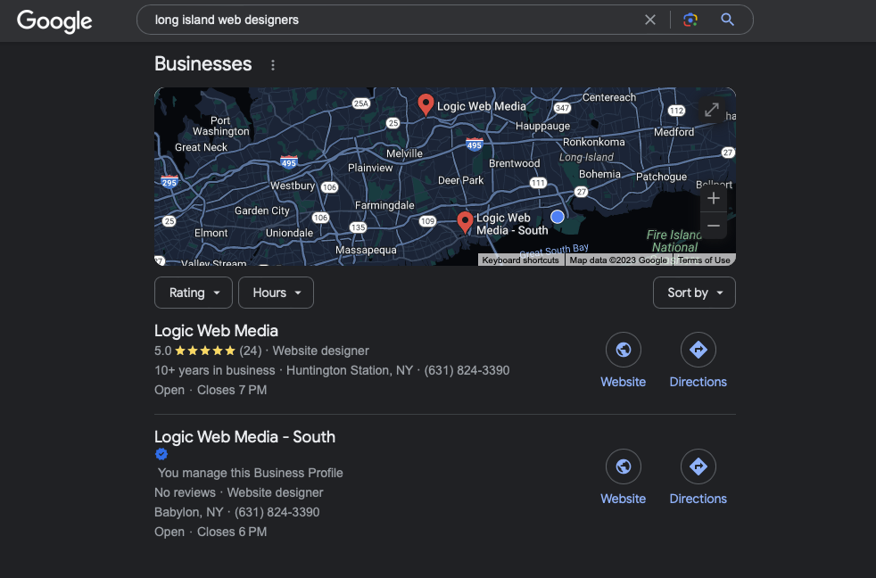 screenshot of Google search results on a map for Long Island web designers showing the two locations for Logic Web Media