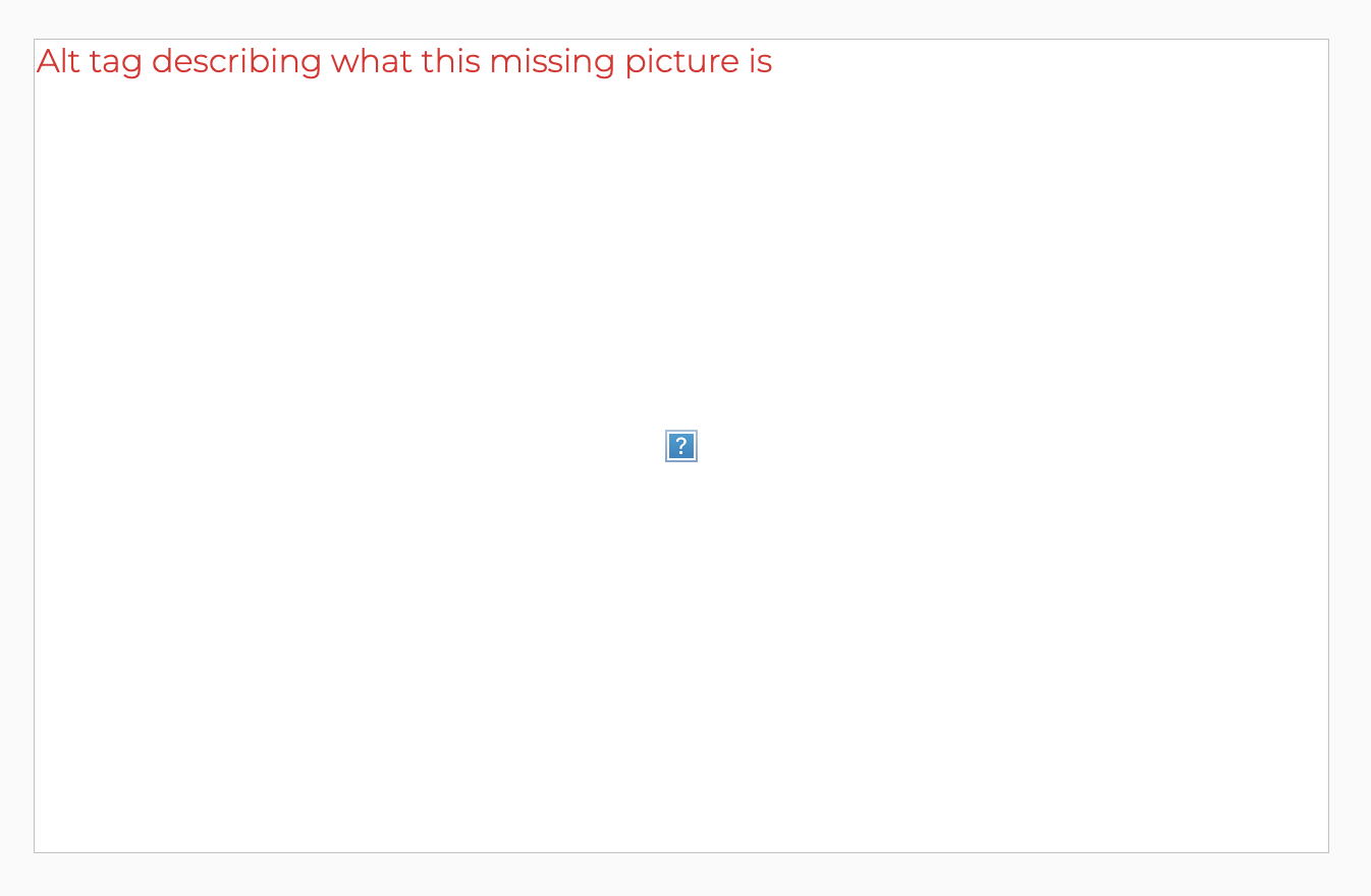 screen shot of missing picture with alt text that reads Alt tag describing what the missing picture is