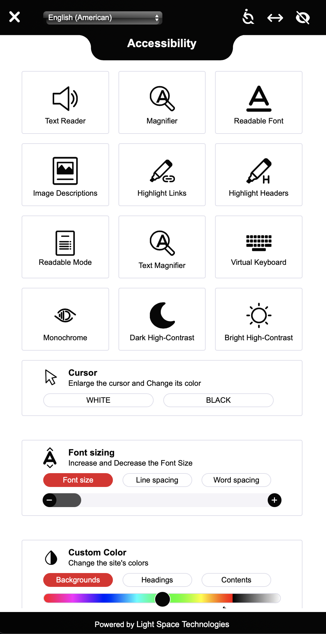 screen shot of accessibility options on the Long Island Web Design website by Logic Web Media