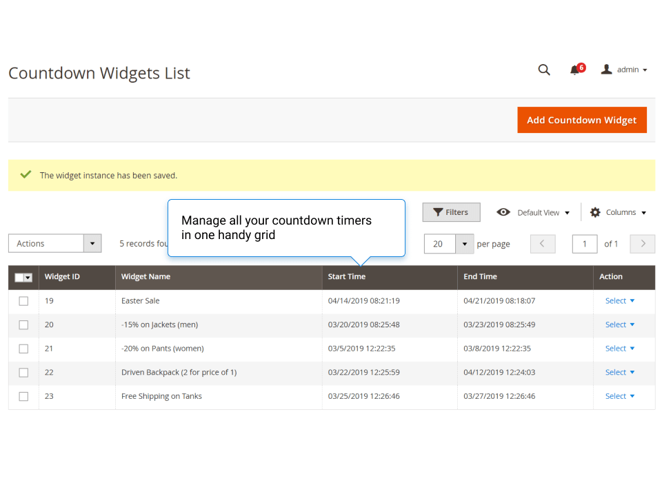 countdown timer settings in the back end of Magento 2