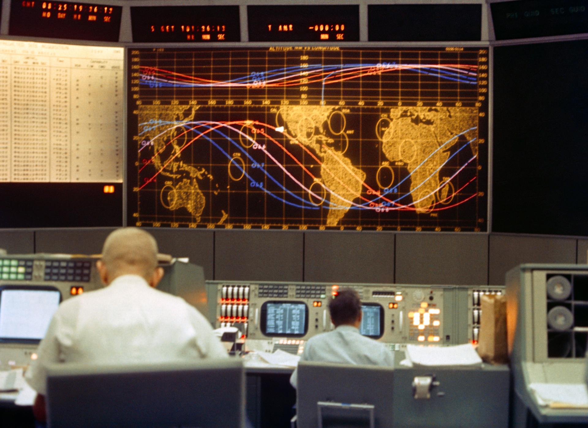 Mission Control recovery room looking at tracking maps